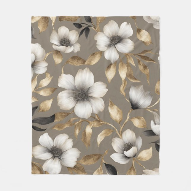 Light Brown Gold Black White Floral Fleece Blanket (Front)
