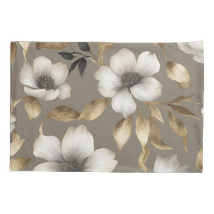 Light Brown Gold Black White Floral Pillowcase
