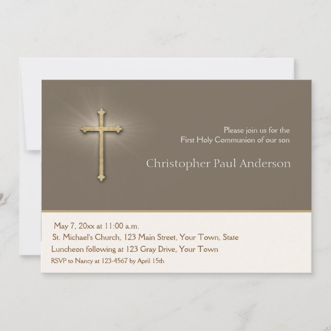 Light Brown, Gold Cross, Religious Invitation (Front)