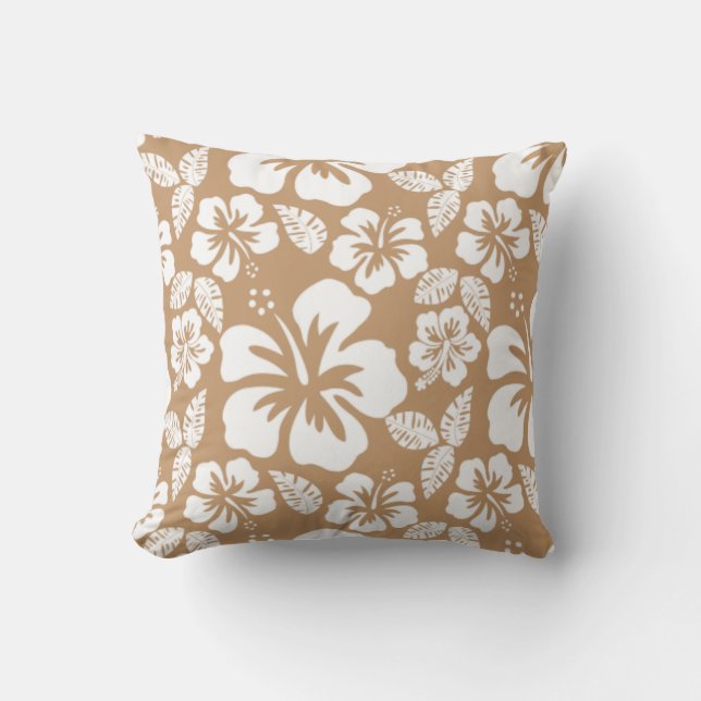 Light Brown Hawaiian Tropical Hibiscus Cushion (Front)