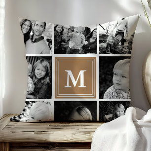 Light Brown Monogram Family Photo Collage Cushion