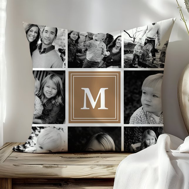 Light Brown Monogram Family Photo Collage Cushion (Creator Uploaded)