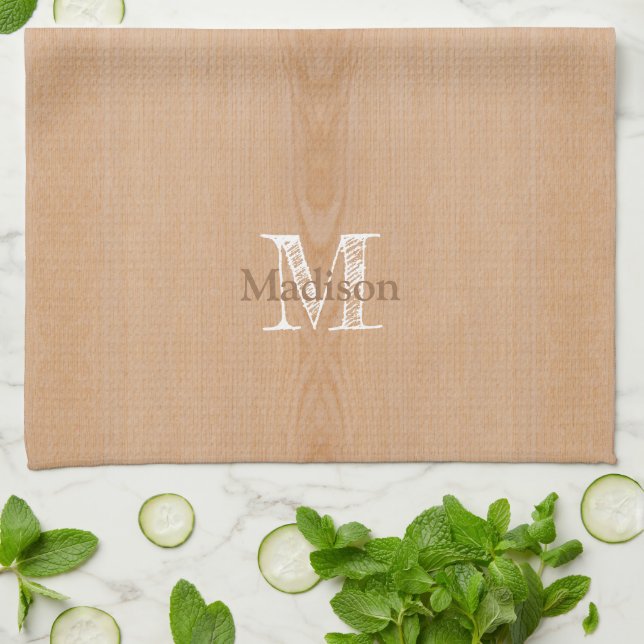 Light brown wood grain Custom Monogram Tea Towel (Folded)