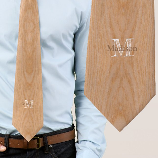 Light brown wood grain Monogram Tie (Light brown wood grain Monogram Neck Tie. Personalize with your custom initial and name. )