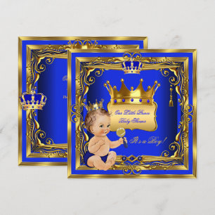 Light Brunette Prince Baby Shower Boy Blue Gold Invitation