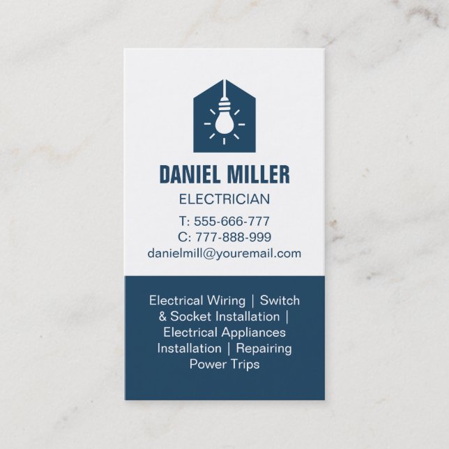 Light Bulb in House Logo Electrician Dark Blue Business Card (Front)
