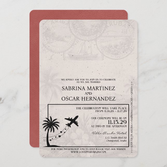 Light Burgundy Aruba Passport Wedding Invitation (Front/Back)