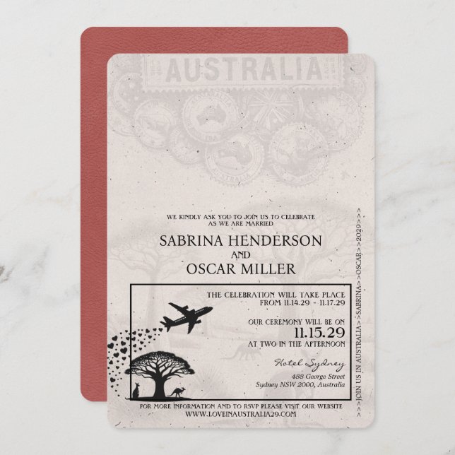 Light Burgundy Australia Passport Wedding Invitation (Front/Back)