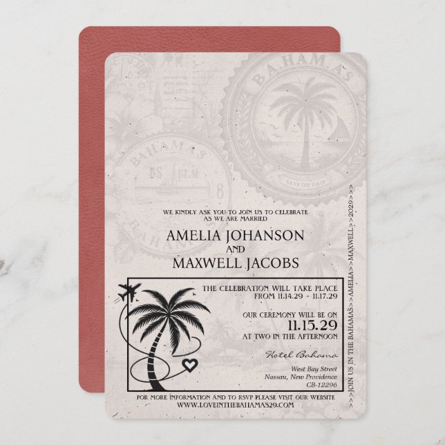 Light Burgundy  Bahamas Passport Wedding Invitation (Front/Back)