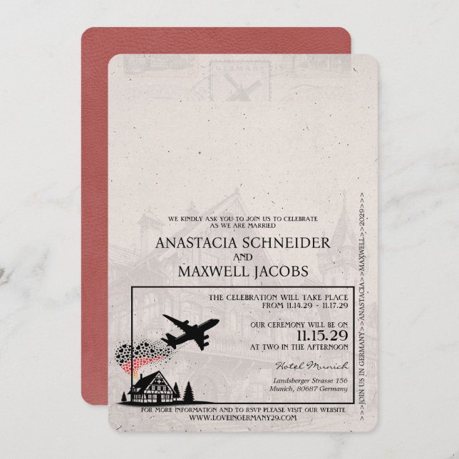 Light Burgundy Germany Passport Wedding Invitation (Front/Back)