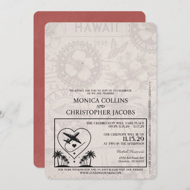 Light Burgundy Hawaii Passport Wedding Invitation (Front/Back)