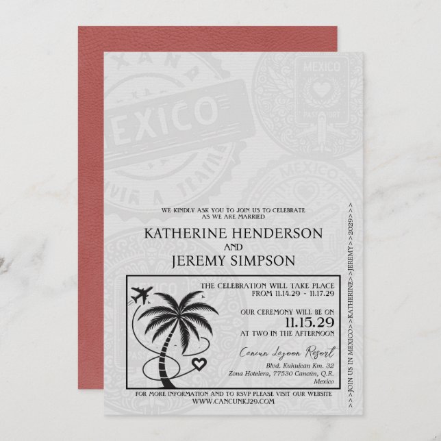 Light Burgundy Mexico Passport Wedding Invitation (Front/Back)