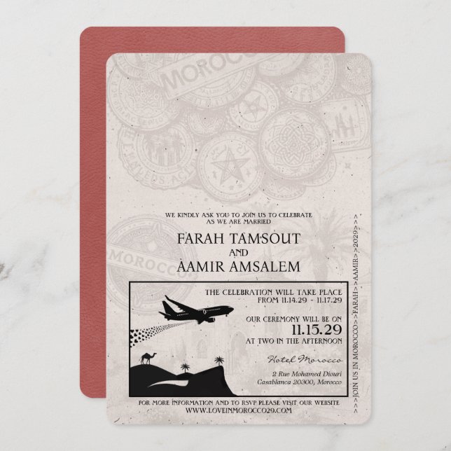 Light Burgundy Morocco Passport Wedding Invitation (Front/Back)