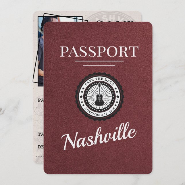 Light Burgundy Nashville Passport Save The Date (Front/Back)