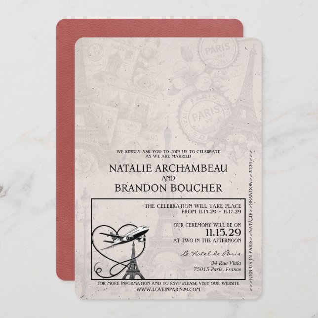 Light Burgundy Paris Passport Wedding Invitation (Front/Back)