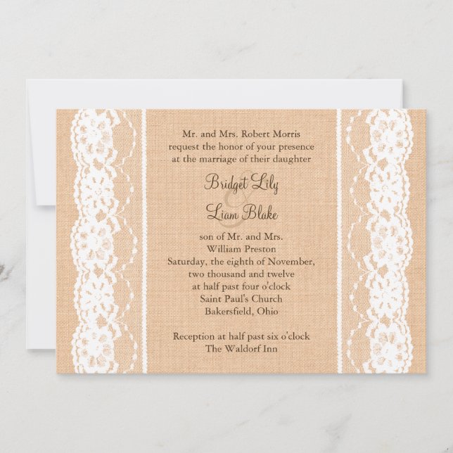 Light Burlap and Vintage Lace Wedding Invitation (Front)