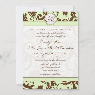Light Celery Green Brown Damask Wedding Invitation