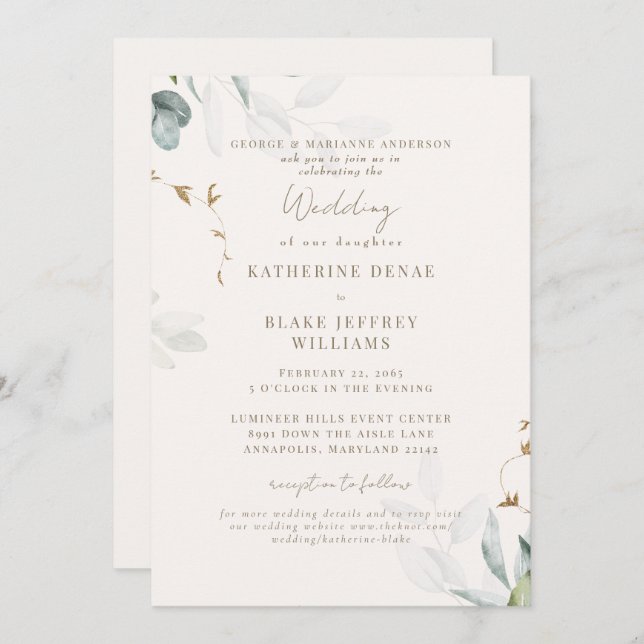 Light Champagne Botanical Website Wedding II Invitation (Front/Back)