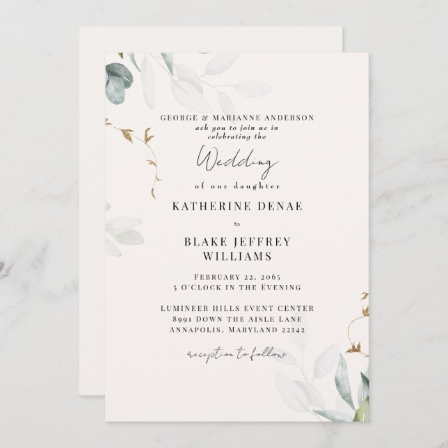 Light Champagne Botanical Wedding Invitation (Front/Back)