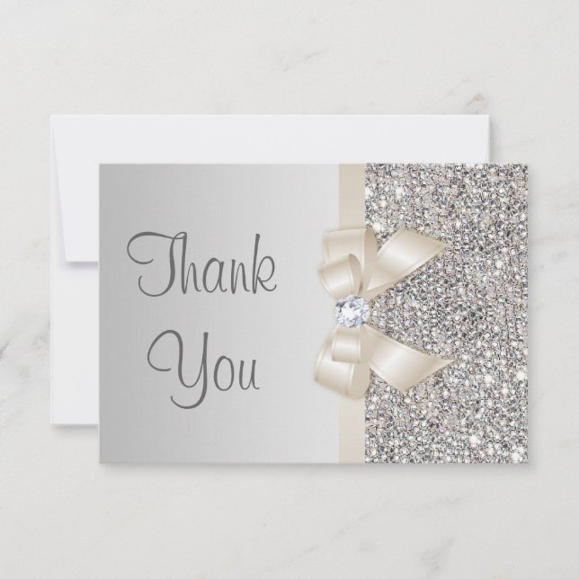 Light Champagne Bow Silver Sequins Thank You (Front)
