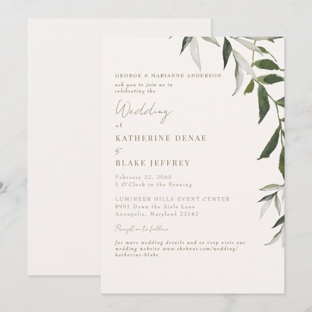 Light Champagne Greenery Gold Text Website Wedding Invitation (Front/Back)