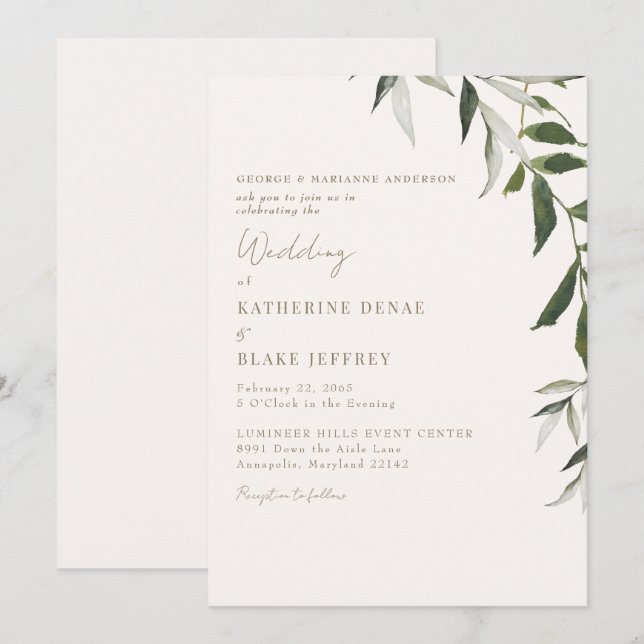 Light Champagne Greenery Gold Text Wedding Invitation (Front/Back)