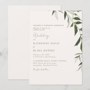 Light Champagne Greenery Gold Text Wedding Invitation