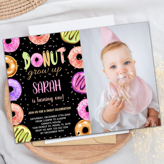 Light Colours Black Photo Doughnut Birthday Invita Invitation (Light Colors Black Photo Donut Birthday Invitation)
