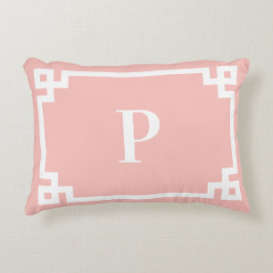 Light Coral and White Greek Key Border Monogram Decorative Cushion