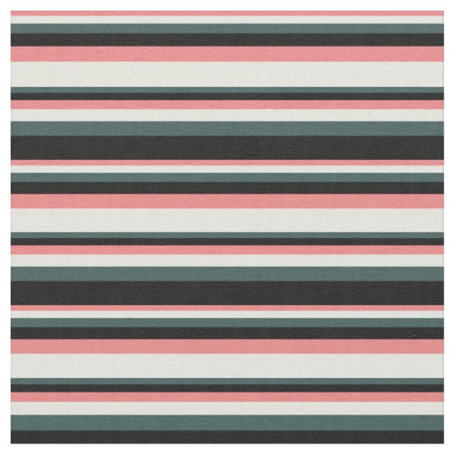 Light Coral, Beige, Dark Slate Grey & Black Lines Fabric (Close Up)