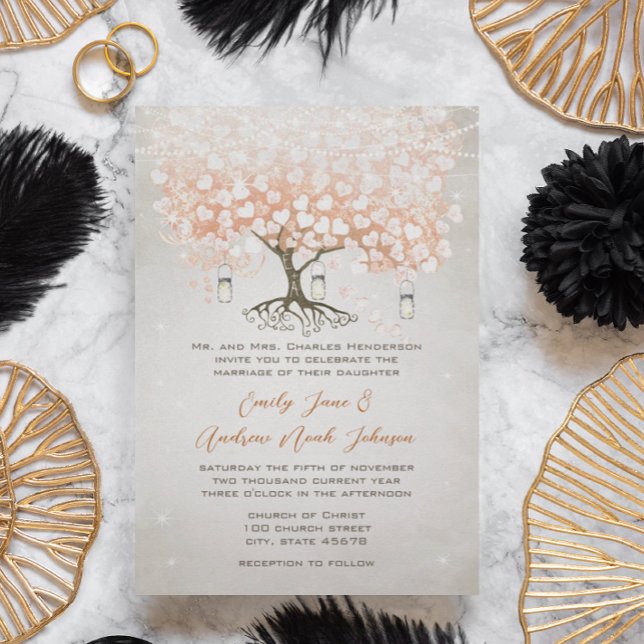Light Coral Heart Leaf Tree Wedding  Invitation (Creator Uploaded)