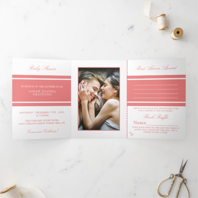 Light Coral, Modern Baby Shower Suite Tri-Fold Invitation (Inside)