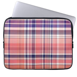 Light Coral, Navy Blue, White Preppy Madras Plaid Laptop Sleeve