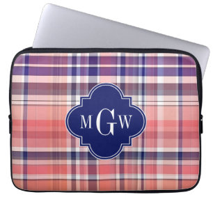 Light Coral Navy Wht Preppy Madras Monogram Laptop Sleeve
