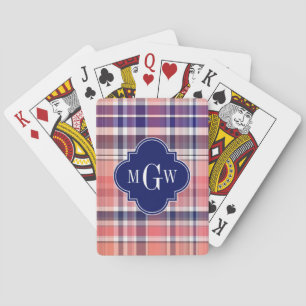 Light Coral Navy Wht Preppy Madras Monogram Playing Cards