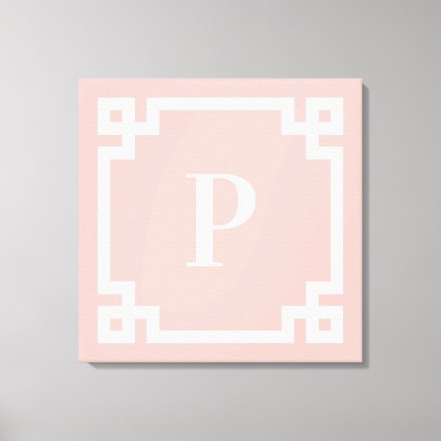 Light Coral Pink White Greek Key Border Monogram Canvas Print (Front)