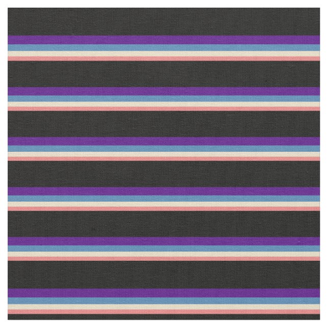 Light Coral, Tan, Blue, Indigo & Black Stripes Fabric (Close Up)