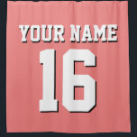 Light Coral White Sports Jersey Team Jersey Shower Curtain<br><div class="desc">Preppy Solid Colour Team Jersey / Sports Jersey / Football Jersey / Rugby Jersey with Custom Name Customise this with your own name or team name and a number. You can change the size, colour and placement of the text if you need to make changes, change the colour of or...</div>