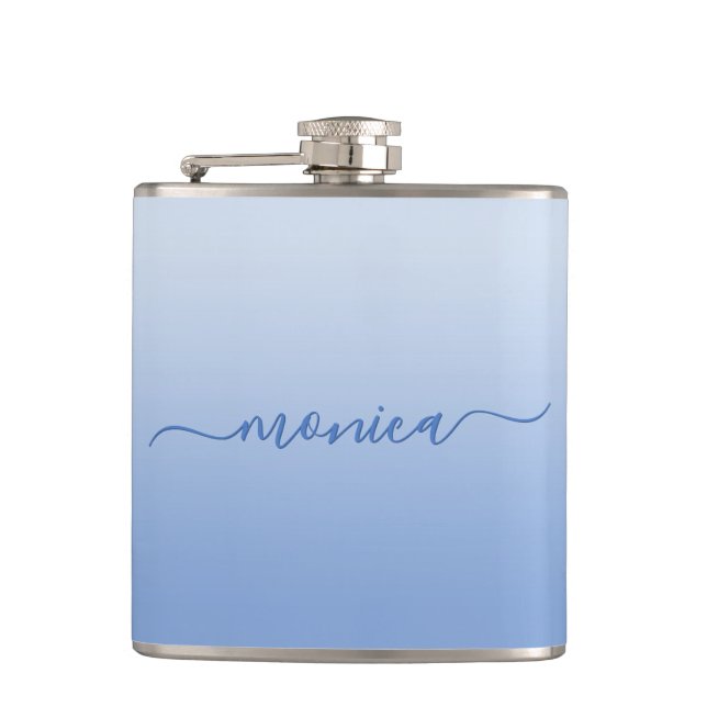 Light Cornflower Blue Gradient Elegant Signature Hip Flask (Front)