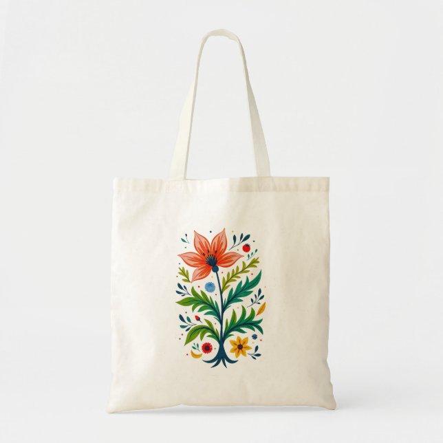 Light Cream Canvas Boho Floral Tree Folk Art Tote Bag (Front)
