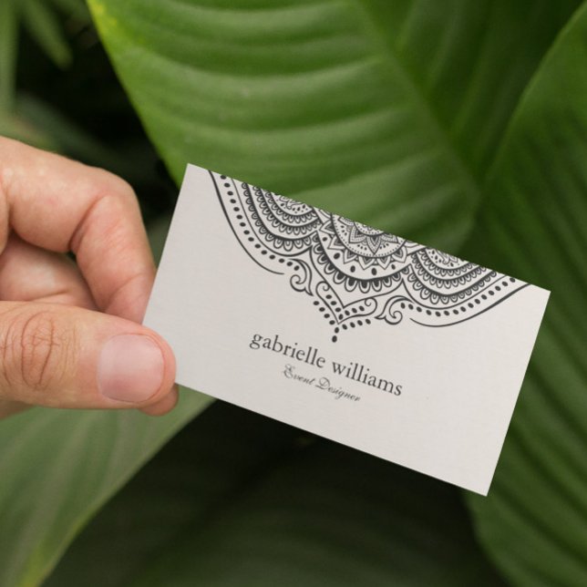 Light Cream linen texture with black ornate manada Business Card (Creator Uploaded)