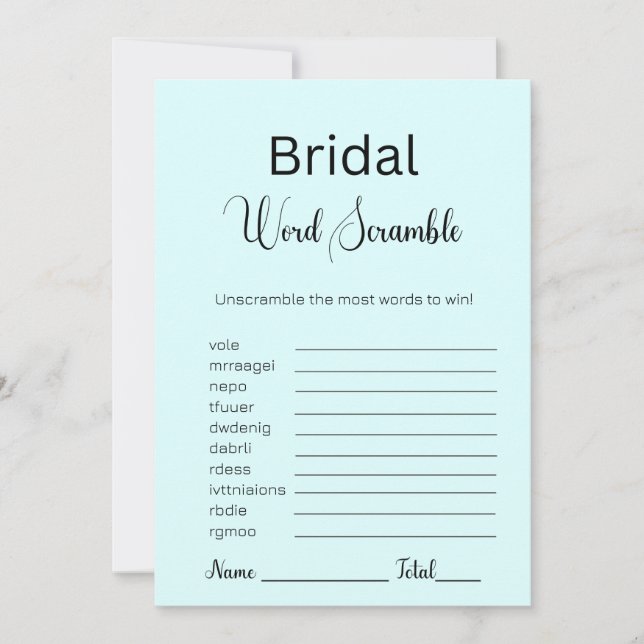 Light Cyan Bridal Word Scramble Game Invitation (Front)