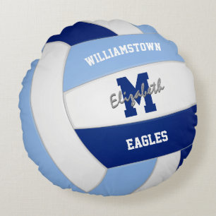 Light dark blue white team colours kids volleyball round cushion