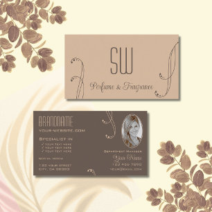 Light Dark Brown Ornate with Monogram and Photo Business Card