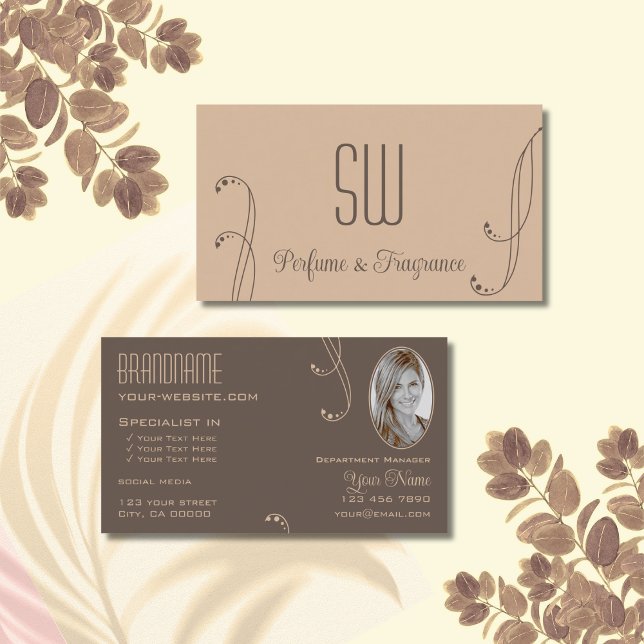 Light Dark Brown Ornate with Monogram and Photo Business Card (Creator Uploaded)