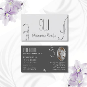 Light Dark Grey Ornate with Monogram and Photo Business Card