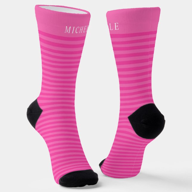 Light Dark Pink Horizontal Line Stripe Custom Name Socks (Angled)