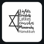 Light Dreidel Latke Kanish Menorah Hanukkah  Square Sticker<br><div class="desc">Hanukkah celebration,  Jewish food,  menorah light,  dreidel spin,  potato latke,  knish snack,  Jewish traditions,  Hanukkah cuisine,  Jewish holiday 2025,  festive Hanukkah</div>