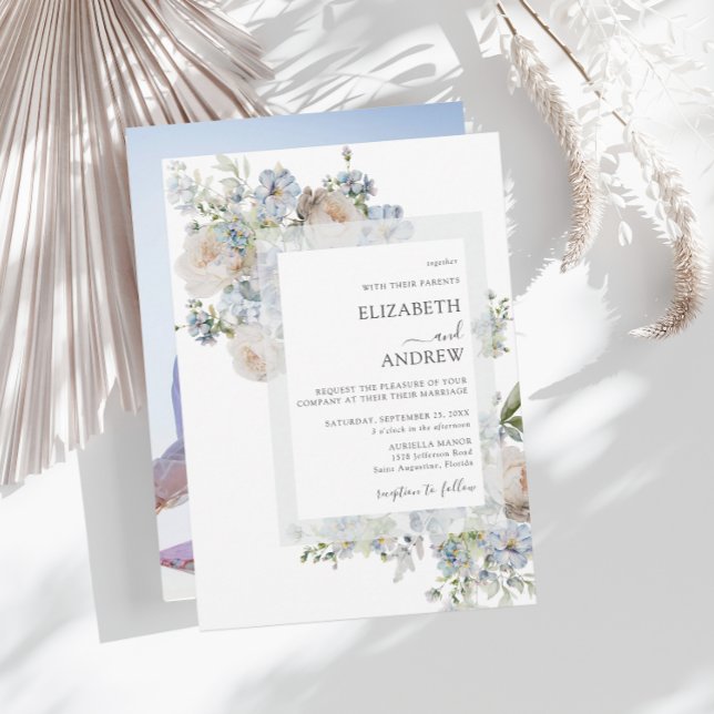 Light Dusty Blue & Blush Pink Floral Photo Invitation (Creator Uploaded)