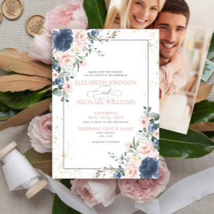 Light Dusty Blue Blush Pink Gold Floral Photo Invi Invitation